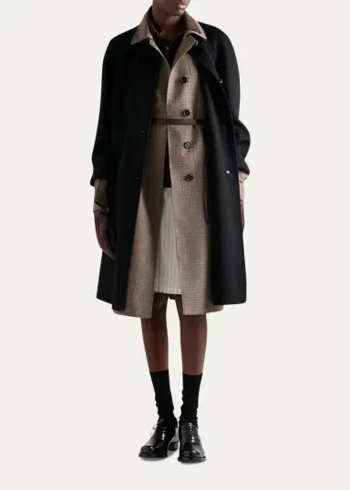 Prada Plaid Wool-Leather Belted Coat | Thumbnail 2 Prada Plaid Wool-Leather Belted Coat | Thumbnail 2