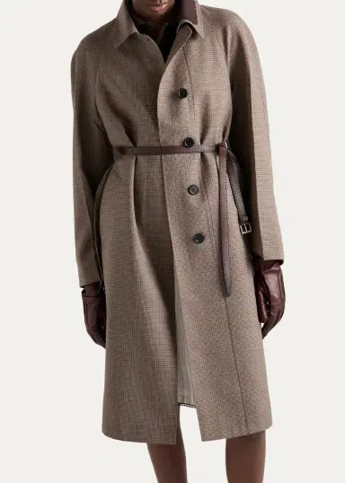 Prada Plaid Wool-Leather Belted Coat | Thumbnail 4 Prada Plaid Wool-Leather Belted Coat | Thumbnail 4
