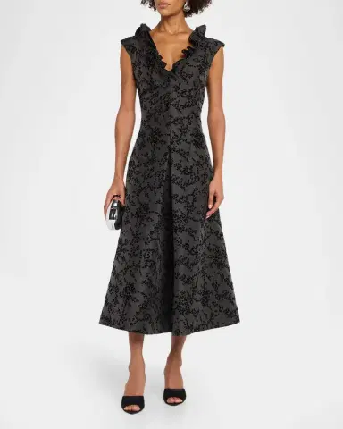 Alberta Ferretti Ruffle V-Neck Floral Flocked Mikado Midi Dress | Thumbnail 2 Alberta Ferretti Ruffle V-Neck Floral Flocked Mikado Midi Dress | Thumbnail 2