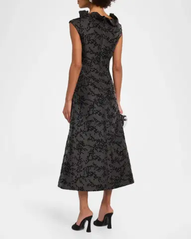 Alberta Ferretti Ruffle V-Neck Floral Flocked Mikado Midi Dress | Thumbnail 3 Alberta Ferretti Ruffle V-Neck Floral Flocked Mikado Midi Dress | Thumbnail 3