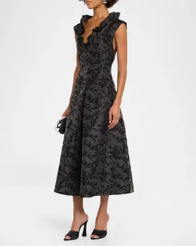 Alberta Ferretti Ruffle V-Neck Floral Flocked Mikado Midi Dress | Thumbnail 4 Alberta Ferretti Ruffle V-Neck Floral Flocked Mikado Midi Dress | Thumbnail 4