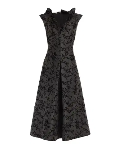 Alberta Ferretti Ruffle V-Neck Floral Flocked Mikado Midi Dress | Thumbnail 1 Alberta Ferretti Ruffle V-Neck Floral Flocked Mikado Midi Dress | Thumbnail 1