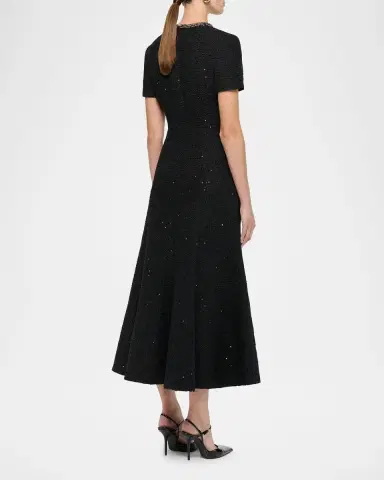 Roland Mouret Embellished-Neckline Sequin Tweed Short-Sleeve Midi Dress | Thumbnail 3 Roland Mouret Embellished-Neckline Sequin Tweed Short-Sleeve Midi Dress | Thumbnail 3