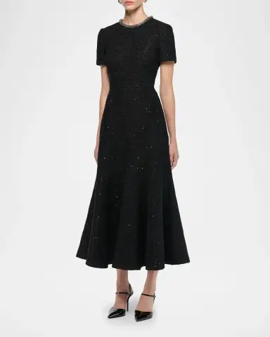 Roland Mouret Embellished-Neckline Sequin Tweed Short-Sleeve Midi Dress | Thumbnail 4 Roland Mouret Embellished-Neckline Sequin Tweed Short-Sleeve Midi Dress | Thumbnail 4