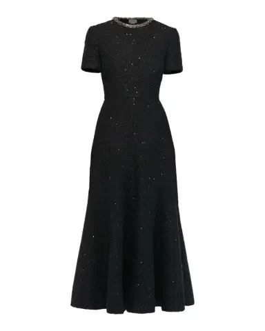 Roland Mouret Embellished-Neckline Sequin Tweed Short-Sleeve Midi Dress | Thumbnail 1 Roland Mouret Embellished-Neckline Sequin Tweed Short-Sleeve Midi Dress | Thumbnail 1