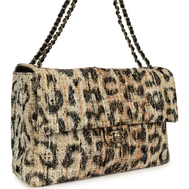 Chanel Chanel Maxi Leopard Print "Souplissimo" Large Flap Bag Brown, Black, White Tweed, Mixed Fibers Gold Hardware | Thumbnail 2 Chanel Chanel Maxi Leopard Print "Souplissimo" Large Flap Bag Brown, Black, White Tweed, Mixed Fibers Gold Hardware | Thumbnail 2