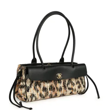 Chanel Chanel Small Leopard Print "Urban Essential" East West Shopping Tote Black Calfskin, Brown, Black, White Tweed, Mixed Fibers Gold Hardware | Thumbnail 2 Chanel Chanel Small Leopard Print "Urban Essential" East West Shopping Tote Black Calfskin, Brown, Black, White Tweed, Mixed Fibers Gold Hardware | Thumbnail 2