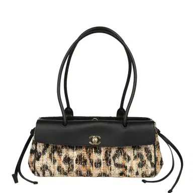 Chanel Chanel Small Leopard Print "Urban Essential" East West Shopping Tote Black Calfskin, Brown, Black, White Tweed, Mixed Fibers Gold Hardware | Thumbnail 1 Chanel Chanel Small Leopard Print "Urban Essential" East West Shopping Tote Black Calfskin, Brown, Black, White Tweed, Mixed Fibers Gold Hardware | Thumbnail 1