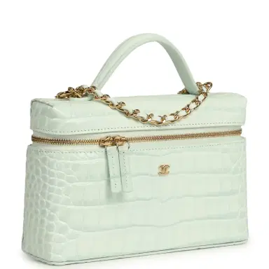 Chanel Chanel Top Handle Long Vanity Case with Chain Light Blue Croc Embossed Calfskin Gold Hardware | Thumbnail 2 Chanel Chanel Top Handle Long Vanity Case with Chain Light Blue Croc Embossed Calfskin Gold Hardware | Thumbnail 2