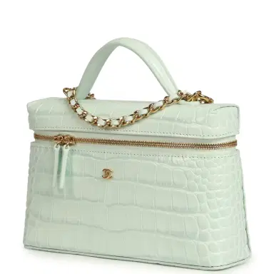 Chanel Chanel Top Handle Long Vanity Case with Chain Light Blue Croc Embossed Calfskin Gold Hardware | Thumbnail 5 Chanel Chanel Top Handle Long Vanity Case with Chain Light Blue Croc Embossed Calfskin Gold Hardware | Thumbnail 5