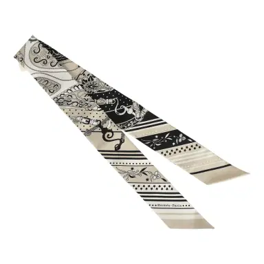 HERMÈS Hermes "Festival Des Amazones" Grege, Black, Blanc Silk Twilly | Thumbnail 2 HERMÈS Hermes "Festival Des Amazones" Grege, Black, Blanc Silk Twilly | Thumbnail 2