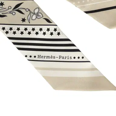 HERMÈS Hermes "Festival Des Amazones" Grege, Black, Blanc Silk Twilly | Thumbnail 3 HERMÈS Hermes "Festival Des Amazones" Grege, Black, Blanc Silk Twilly | Thumbnail 3