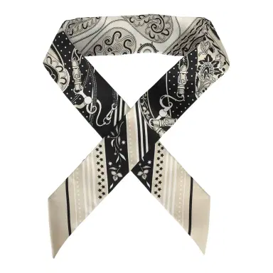 HERMÈS Hermes "Festival Des Amazones" Grege, Black, Blanc Silk Twilly | Thumbnail 1 HERMÈS Hermes "Festival Des Amazones" Grege, Black, Blanc Silk Twilly | Thumbnail 1