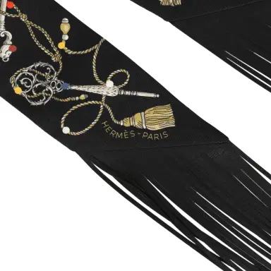 HERMÈS Hermes "Les Cles a Pois" Black, Multicolore, White Fringe Silk Twilly | Thumbnail 3 HERMÈS Hermes "Les Cles a Pois" Black, Multicolore, White Fringe Silk Twilly | Thumbnail 3