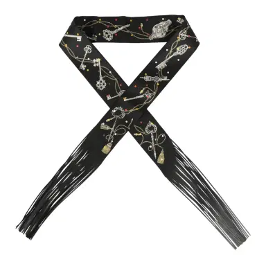 HERMÈS Hermes "Les Cles a Pois" Black, Multicolore, White Fringe Silk Twilly | Thumbnail 1 HERMÈS Hermes "Les Cles a Pois" Black, Multicolore, White Fringe Silk Twilly | Thumbnail 1