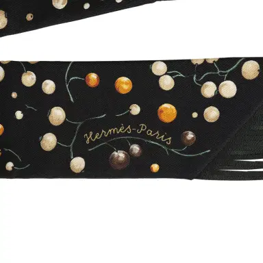 HERMÈS Hermes "Red Berries" Black, Beige Dore, Orange Fringe Silk Twilly | Thumbnail 3 HERMÈS Hermes "Red Berries" Black, Beige Dore, Orange Fringe Silk Twilly | Thumbnail 3