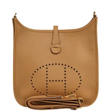 HERMÈS Hermes Evelyne III PM Biscuit Clemence Gold Hardware | Thumbnail 1 HERMÈS Hermes Evelyne III PM Biscuit Clemence Gold Hardware | Thumbnail 1