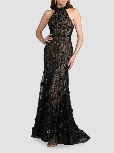 Mac Duggal Women's Beaded Lace Sleeveless Mermaid Gown - Black Beige | Thumbnail 2 Mac Duggal Women's Beaded Lace Sleeveless Mermaid Gown - Black Beige | Thumbnail 2