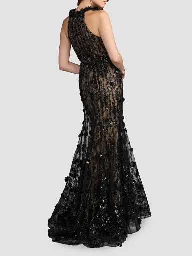Mac Duggal Women's Beaded Lace Sleeveless Mermaid Gown - Black Beige | Thumbnail 3 Mac Duggal Women's Beaded Lace Sleeveless Mermaid Gown - Black Beige | Thumbnail 3