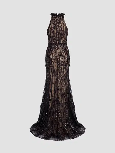 Mac Duggal Women's Beaded Lace Sleeveless Mermaid Gown - Black Beige | Thumbnail 6 Mac Duggal Women's Beaded Lace Sleeveless Mermaid Gown - Black Beige | Thumbnail 6