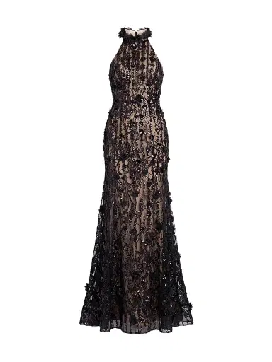 Mac Duggal Women's Beaded Lace Sleeveless Mermaid Gown - Black Beige | Thumbnail 1 Mac Duggal Women's Beaded Lace Sleeveless Mermaid Gown - Black Beige | Thumbnail 1