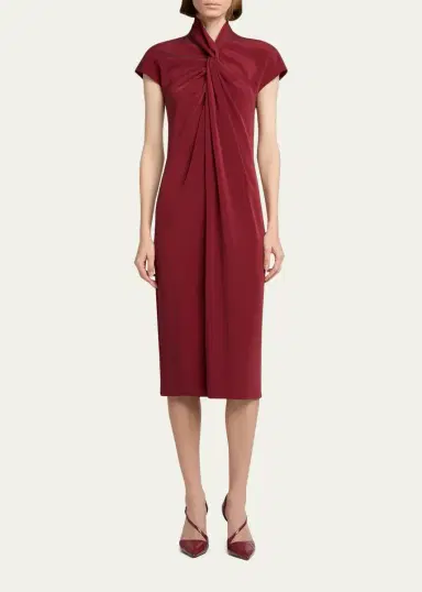 Giorgio Armani Draped Twisted-Collar Short-Sleeve Midi Dress | Thumbnail 2 Giorgio Armani Draped Twisted-Collar Short-Sleeve Midi Dress | Thumbnail 2