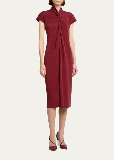 Giorgio Armani Draped Twisted-Collar Short-Sleeve Midi Dress | Thumbnail 4 Giorgio Armani Draped Twisted-Collar Short-Sleeve Midi Dress | Thumbnail 4