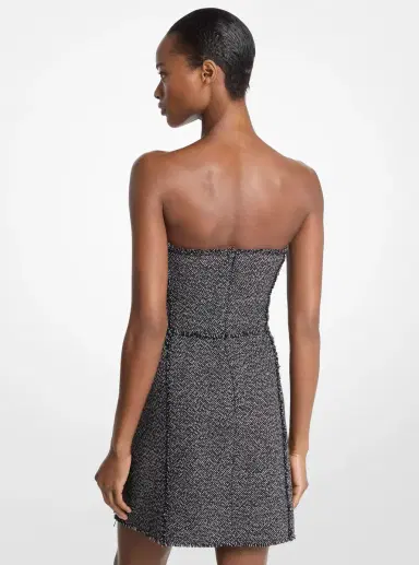 Michael Kors Collection Frayed Crosshatch Tweed Sweetheart Mini Dress in Black | Thumbnail 2 Michael Kors Collection Frayed Crosshatch Tweed Sweetheart Mini Dress in Black | Thumbnail 2