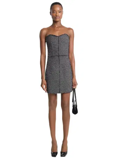 Michael Kors Collection Frayed Crosshatch Tweed Sweetheart Mini Dress in Black | Thumbnail 1 Michael Kors Collection Frayed Crosshatch Tweed Sweetheart Mini Dress in Black | Thumbnail 1