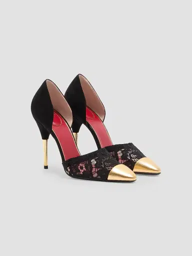 Valentino Garavani Women's Sinead Suede and Lace 105MM Pumps - Black Gold - Size 12 | Thumbnail 2 Valentino Garavani Women's Sinead Suede and Lace 105MM Pumps - Black Gold - Size 12 | Thumbnail 2