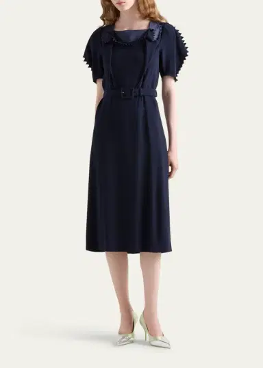 Prada Puffy-Sleeve Belted Crepe De Chine Midi Dress | Thumbnail 2 Prada Puffy-Sleeve Belted Crepe De Chine Midi Dress | Thumbnail 2