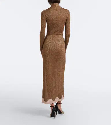 Valentino Lace-trimmed ribbed-knit lamé midi skirt | Thumbnail 2 Valentino Lace-trimmed ribbed-knit lamé midi skirt | Thumbnail 2