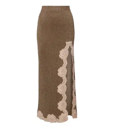 Valentino Lace-trimmed ribbed-knit lamé midi skirt | Thumbnail 1 Valentino Lace-trimmed ribbed-knit lamé midi skirt | Thumbnail 1