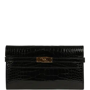 HERMÈS Pre-owned Hermes Kelly Long Wallet Black Shiny Alligator Gold Hardware | Thumbnail 1 HERMÈS Pre-owned Hermes Kelly Long Wallet Black Shiny Alligator Gold Hardware | Thumbnail 1
