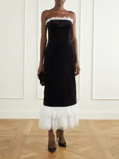 Costarellos Isabetta Strapless Tulle And Lace-trimmed Cotton-velvet Midi Dress | Thumbnail 2 Costarellos Isabetta Strapless Tulle And Lace-trimmed Cotton-velvet Midi Dress | Thumbnail 2