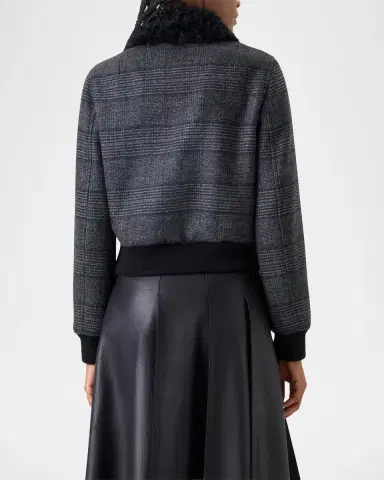 Akris Kalla Prince Of Wales Bomber Jacket With Detachable Lamb Shearling Collar | Thumbnail 3 Akris Kalla Prince Of Wales Bomber Jacket With Detachable Lamb Shearling Collar | Thumbnail 3
