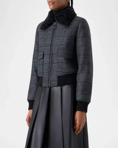 Akris Kalla Prince Of Wales Bomber Jacket With Detachable Lamb Shearling Collar | Thumbnail 4 Akris Kalla Prince Of Wales Bomber Jacket With Detachable Lamb Shearling Collar | Thumbnail 4
