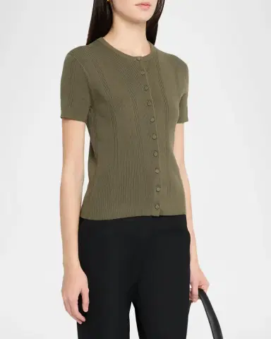 Vince Rib-Knit Cotton Short-Sleeve Cardigan | Thumbnail 4 Vince Rib-Knit Cotton Short-Sleeve Cardigan | Thumbnail 4