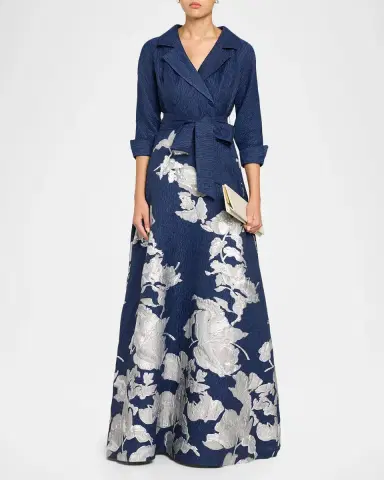 Rickie Freeman for Teri Jon Metallic Floral Jacquard Shirt Gown | Thumbnail 2 Rickie Freeman for Teri Jon Metallic Floral Jacquard Shirt Gown | Thumbnail 2