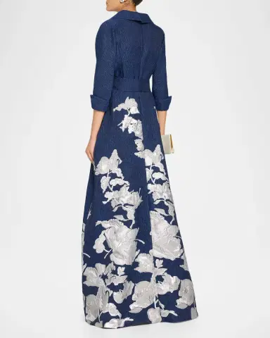 Rickie Freeman for Teri Jon Metallic Floral Jacquard Shirt Gown | Thumbnail 3 Rickie Freeman for Teri Jon Metallic Floral Jacquard Shirt Gown | Thumbnail 3