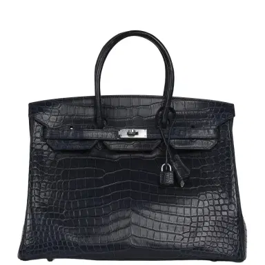HERMÈS Pre-owned Hermes Birkin 35 Bleu Marine Matte Porosus Crocodile Palladium Hardware | Thumbnail 1 HERMÈS Pre-owned Hermes Birkin 35 Bleu Marine Matte Porosus Crocodile Palladium Hardware | Thumbnail 1
