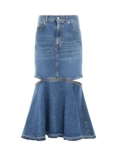 Alexander McQueen Slashed Midi Denim Skirt in Blue Wash | Thumbnail 1 Alexander McQueen Slashed Midi Denim Skirt in Blue Wash | Thumbnail 1