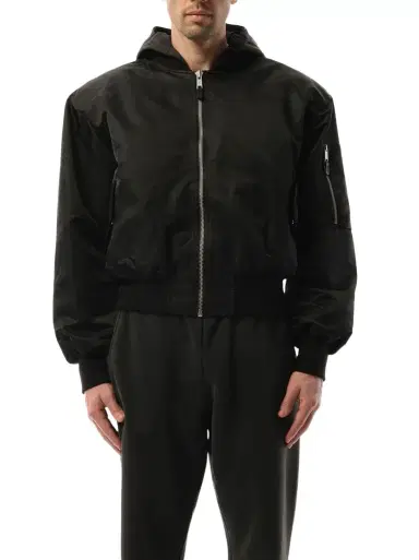 Entire Studios Hooded Broad Bomber Jacket in Oil Black | Thumbnail 1 Entire Studios Hooded Broad Bomber Jacket in Oil Black | Thumbnail 1