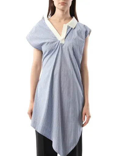 Sacai Cotton Poplin Polo Shirt in Light Blue Stripe | Thumbnail 1 Sacai Cotton Poplin Polo Shirt in Light Blue Stripe | Thumbnail 1