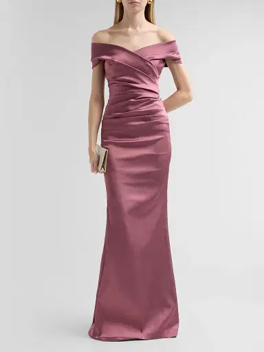 Teri Jon by Rickie Freeman Women's Off-The-Shoulder Ruched Satin Gown | Thumbnail 2 Teri Jon by Rickie Freeman Women's Off-The-Shoulder Ruched Satin Gown | Thumbnail 2