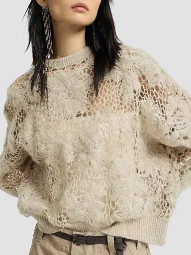 Brunello Cucinelli Women's Whispering Bloom Embroidery Sweater in Sparkling Mohair and Wool | Thumbnail 6 Brunello Cucinelli Women's Whispering Bloom Embroidery Sweater in Sparkling Mohair and Wool | Thumbnail 6