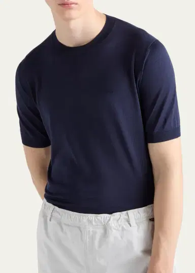 Prada Men's Silk Knit Short-Sleeve Crewneck Sweater | Thumbnail 4 Prada Men's Silk Knit Short-Sleeve Crewneck Sweater | Thumbnail 4