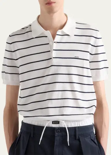 Prada Men's Cotton Knit Pinstripe Polo Shirt | Thumbnail 4 Prada Men's Cotton Knit Pinstripe Polo Shirt | Thumbnail 4