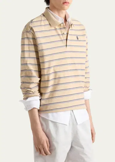 Prada Men's Piquet Stripe Long-Sleeve Polo Shirt | Thumbnail 4 Prada Men's Piquet Stripe Long-Sleeve Polo Shirt | Thumbnail 4