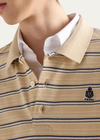 Prada Men's Piquet Stripe Long-Sleeve Polo Shirt | Thumbnail 5 Prada Men's Piquet Stripe Long-Sleeve Polo Shirt | Thumbnail 5